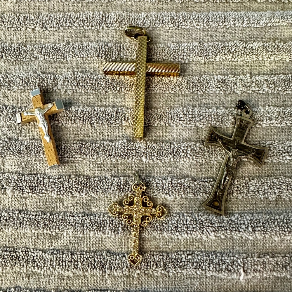 Vintage Pendants: Silver and Wood/Metal Crucifixes and 2 Gold Tone Crosses